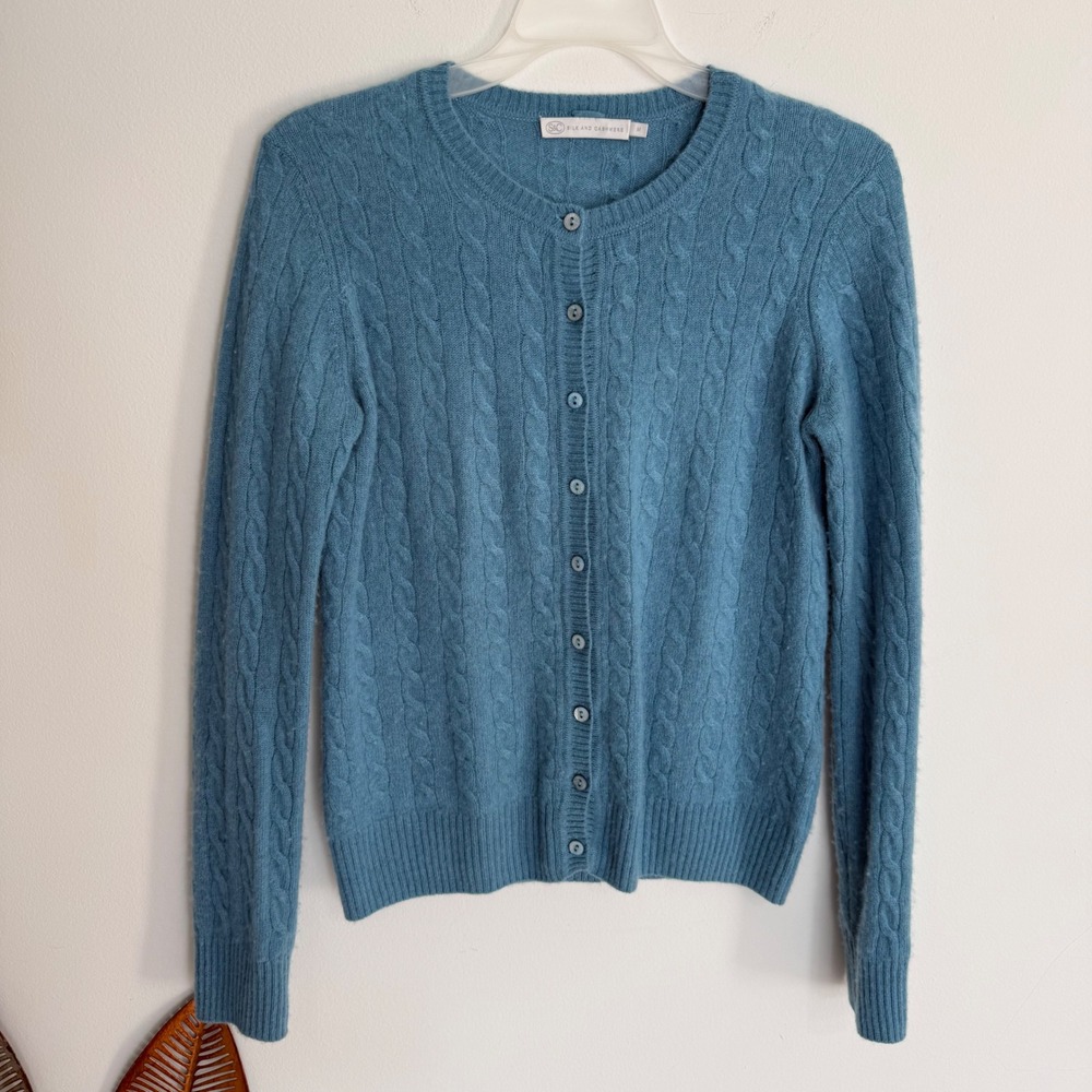 Classic Cable-Knit Blue Button-Front Cardigan Sweater